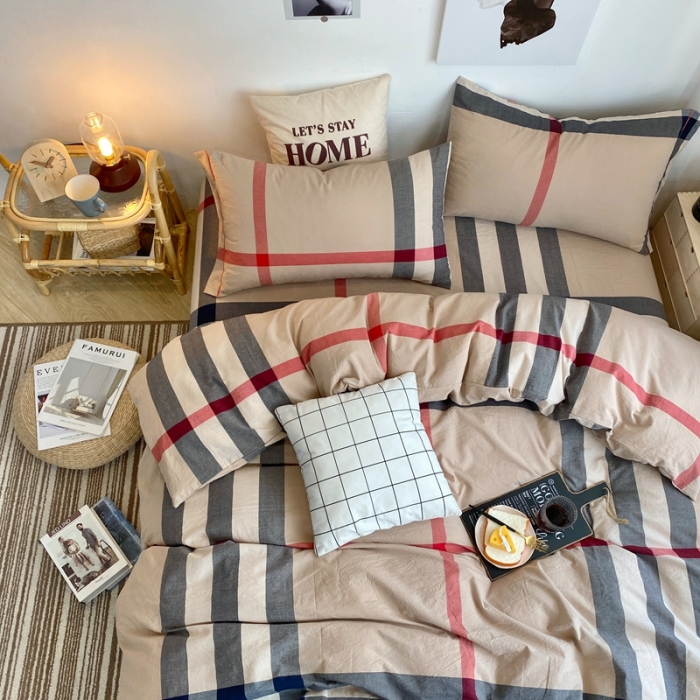 91家纺网 家纺一手货源 找家纺 三沁家居家居 2022新款格子色织水洗棉全棉四件套 巴宝莉-大格