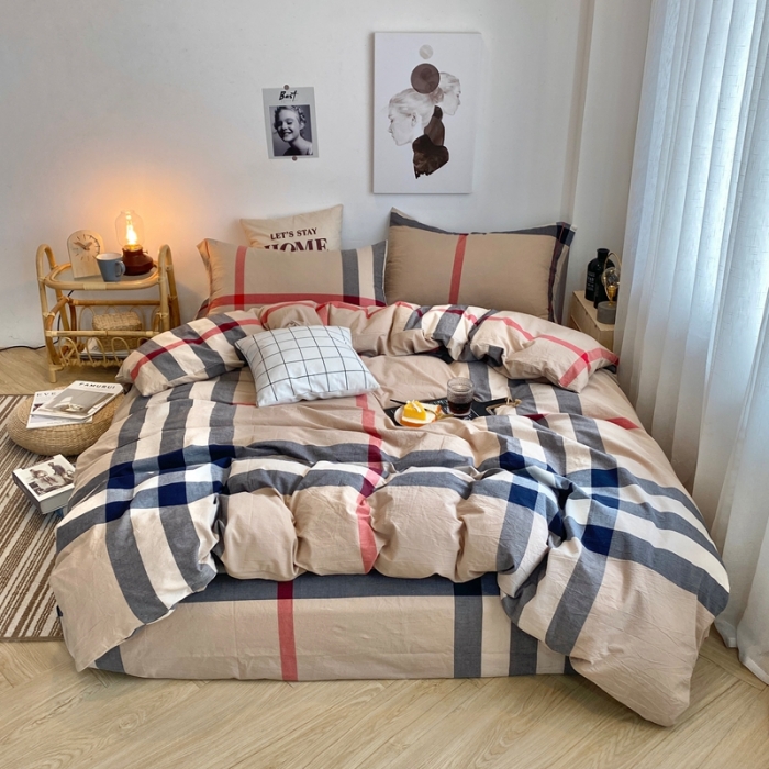 91家纺网 家纺一手货源 找家纺 三沁家居家居 2022新款格子色织水洗棉全棉四件套 巴宝莉-大格