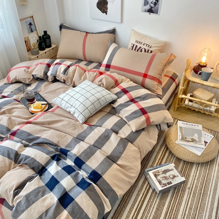 91家纺网 家纺一手货源 找家纺 三沁家居家居 2022新款格子色织水洗棉全棉四件套 巴宝莉-大格
