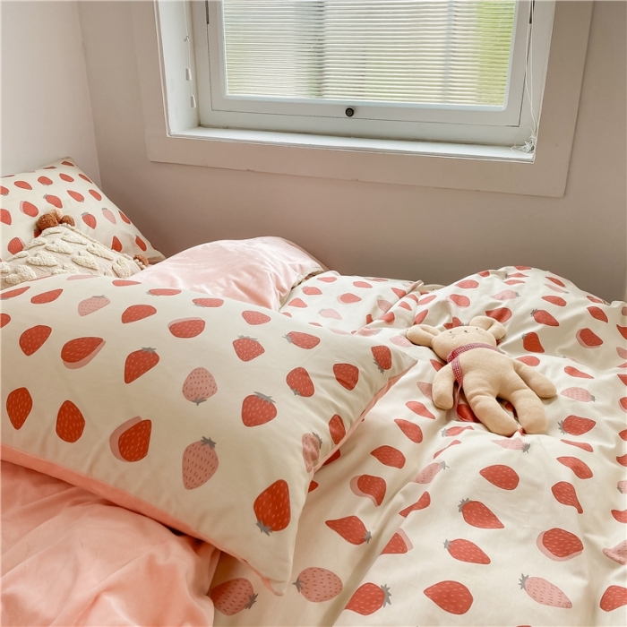 91家纺网 家纺一手货源 找家纺 棉眠 2020新品棉加绒A版纯棉B版水晶绒四件套 草莓酱