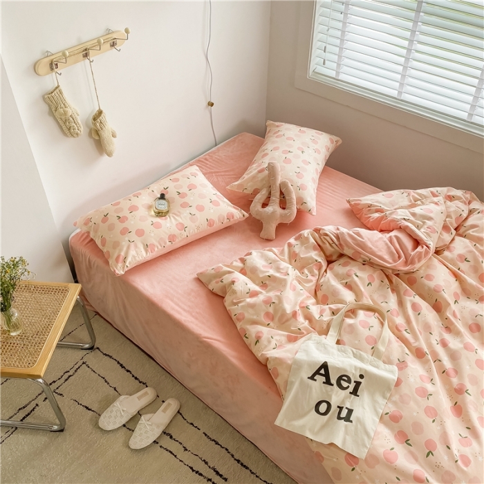 91家纺网 家纺一手货源 找家纺 棉眠 2020新品棉加绒A版纯棉B版水晶绒四件套 粉果果棉加绒