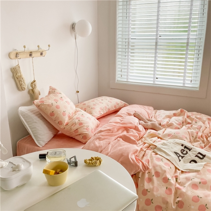 91家纺网 家纺一手货源 找家纺 棉眠 2020新品棉加绒A版纯棉B版水晶绒四件套 粉果果棉加绒