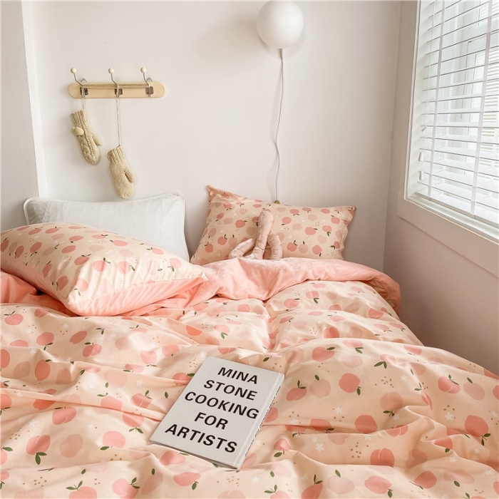 91家纺网 家纺一手货源 找家纺 棉眠 2020新品棉加绒A版纯棉B版水晶绒四件套 粉果果棉加绒