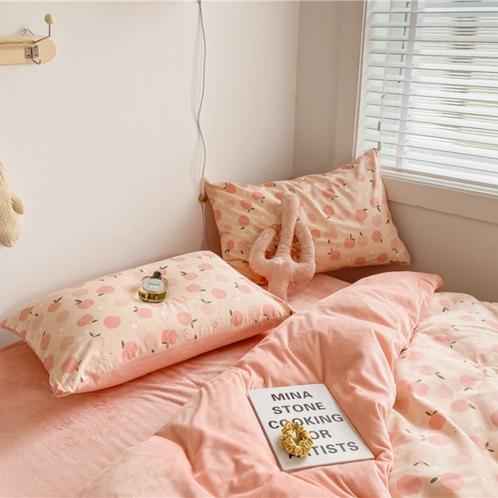 91家纺网 家纺一手货源 找家纺 棉眠 2020新品棉加绒A版纯棉B版水晶绒四件套 粉果果棉加绒