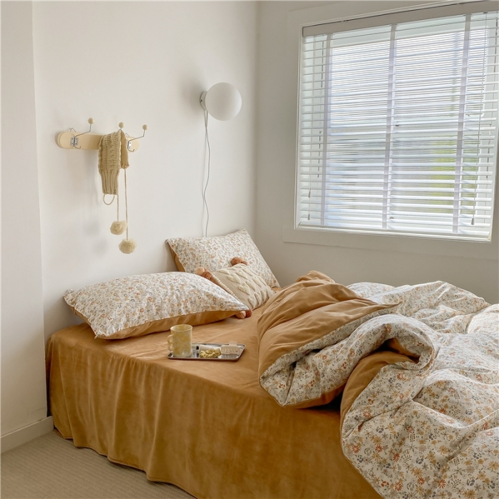 91家纺网 家纺一手货源 找家纺 棉眠 2020新品棉加绒A版纯棉B版水晶绒四件套 夏花棉加绒