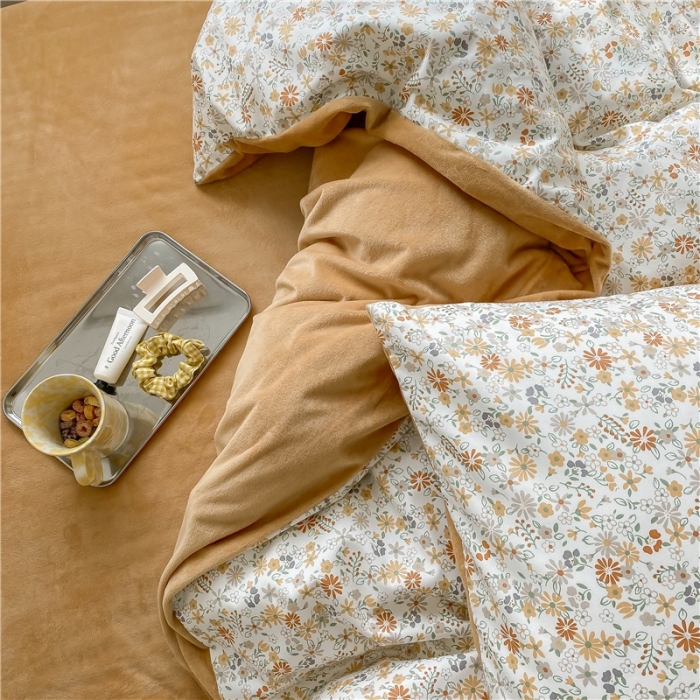 91家纺网 家纺一手货源 找家纺 棉眠 2020新品棉加绒A版纯棉B版水晶绒四件套 夏花棉加绒