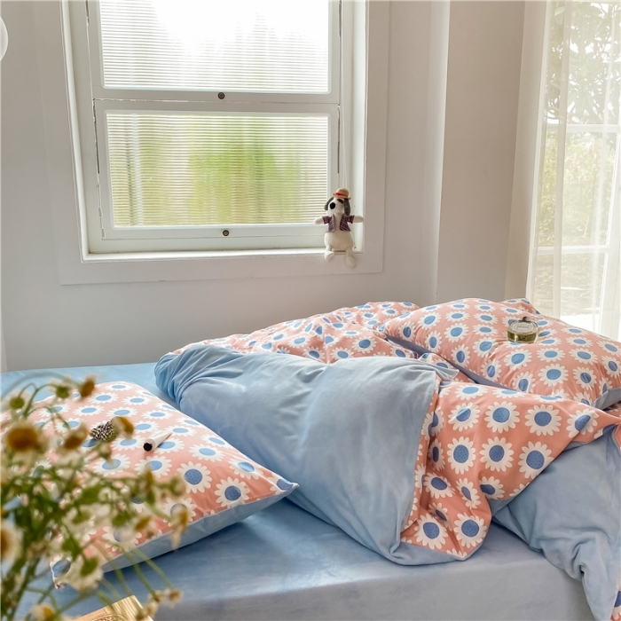 91家纺网 家纺一手货源 找家纺 棉眠 2020新品棉加绒A版纯棉B版水晶绒四件套 向日葵