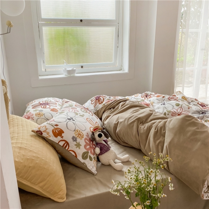 91家纺网 家纺一手货源 找家纺 棉眠 2020新品棉加绒A版纯棉B版水晶绒四件套 绽放