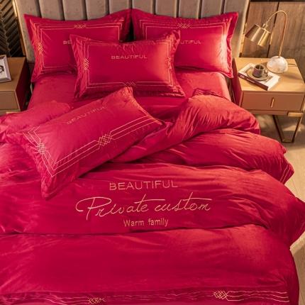 91家纺网 家纺一手货源 找家纺 苹果星家纺 2020新款丽丝绒刺绣四件套 酒红