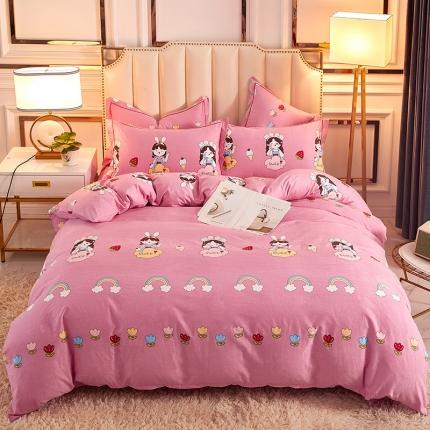 91家纺网 家纺一手货源 找家纺 雲归梦 2020新款全棉加厚磨毛四件套 草莓女孩粉