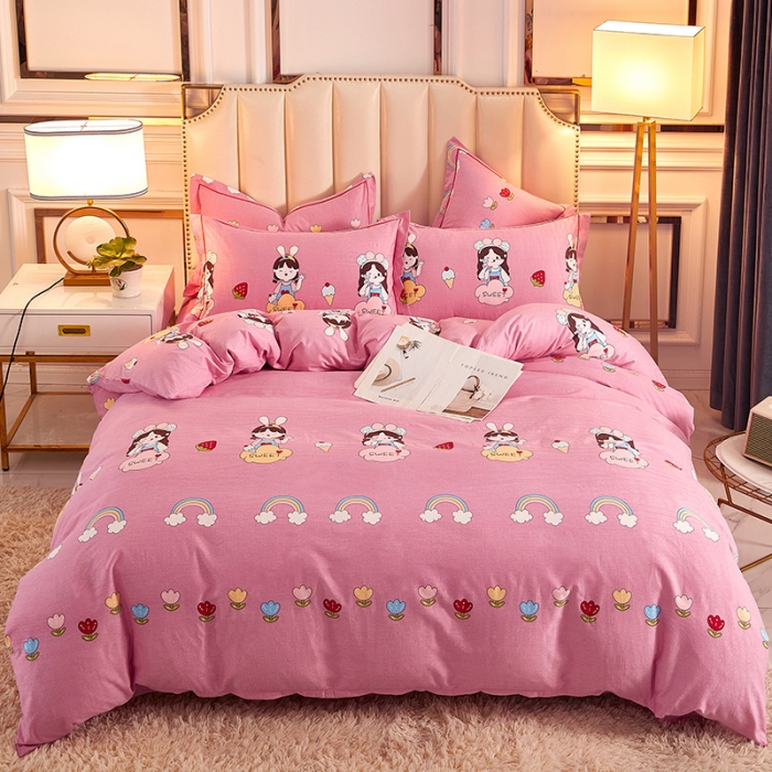 91家纺网 家纺一手货源 找家纺 雲归梦 2020新款全棉加厚磨毛四件套 草莓女孩粉