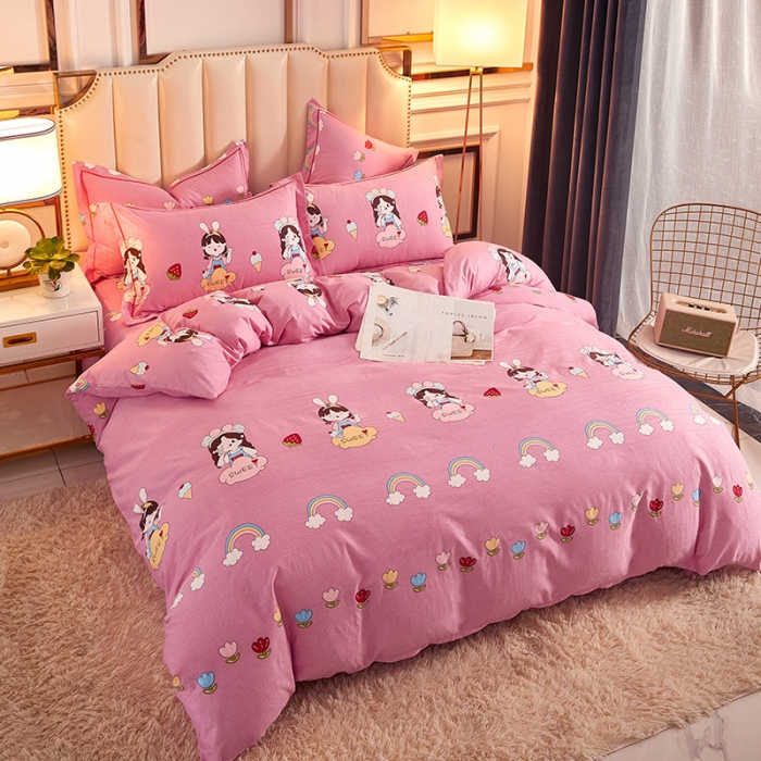 91家纺网 家纺一手货源 找家纺 雲归梦 2020新款全棉加厚磨毛四件套 草莓女孩粉