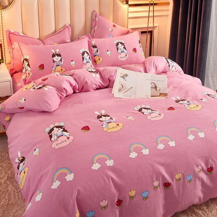 91家纺网 家纺一手货源 找家纺 雲归梦 2020新款全棉加厚磨毛四件套 草莓女孩粉