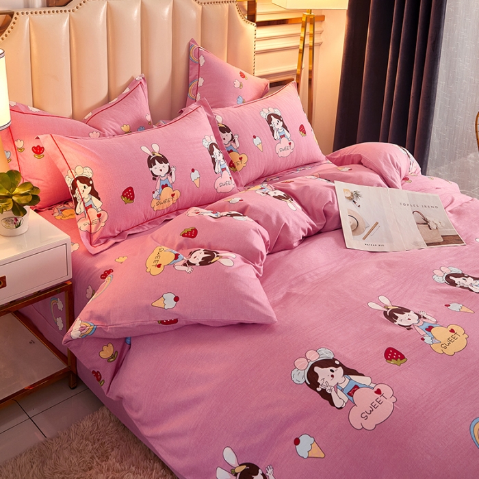 91家纺网 家纺一手货源 找家纺 雲归梦 2020新款全棉加厚磨毛四件套 草莓女孩粉