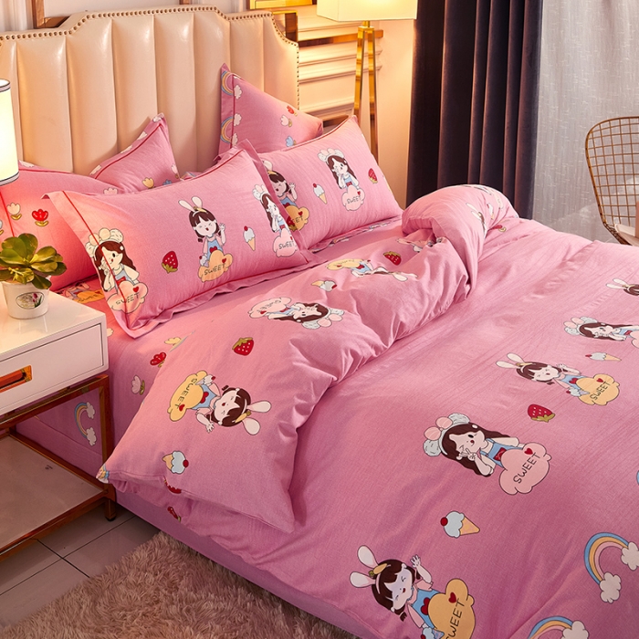 91家纺网 家纺一手货源 找家纺 雲归梦 2020新款全棉加厚磨毛四件套 草莓女孩粉