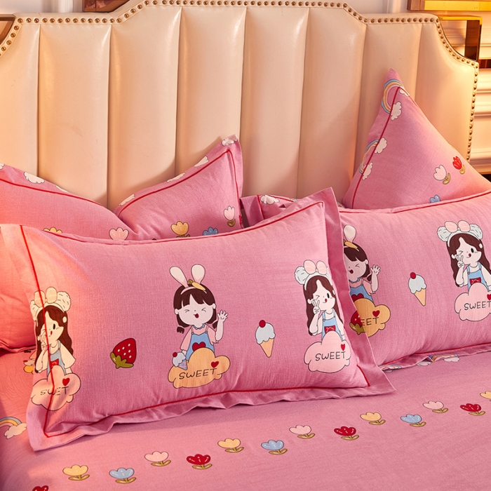 91家纺网 家纺一手货源 找家纺 雲归梦 2020新款全棉加厚磨毛四件套 草莓女孩粉