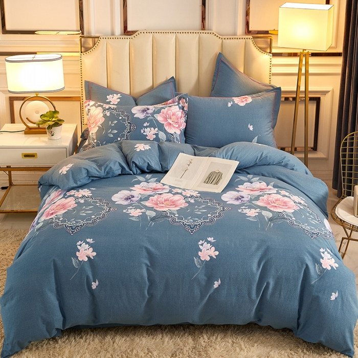 91家纺网 家纺一手货源 找家纺 雲归梦 2020新款全棉加厚磨毛四件套 如花盛开-蓝
