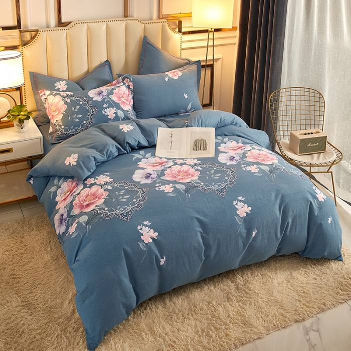 91家纺网 家纺一手货源 找家纺 雲归梦 2020新款全棉加厚磨毛四件套 如花盛开-蓝