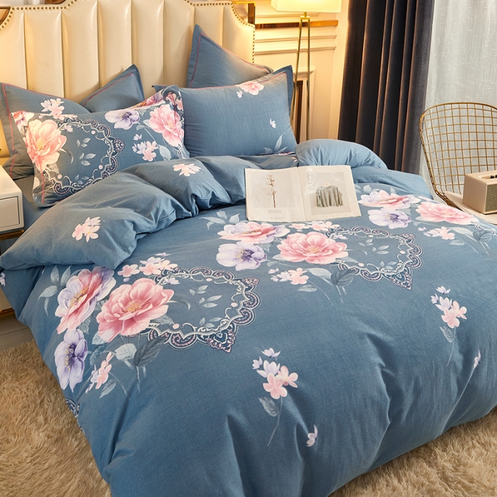 91家纺网 家纺一手货源 找家纺 雲归梦 2020新款全棉加厚磨毛四件套 如花盛开-蓝