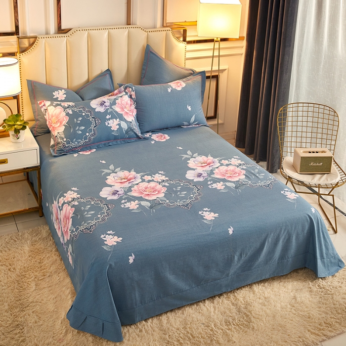 91家纺网 家纺一手货源 找家纺 雲归梦 2020新款全棉加厚磨毛四件套 如花盛开-蓝