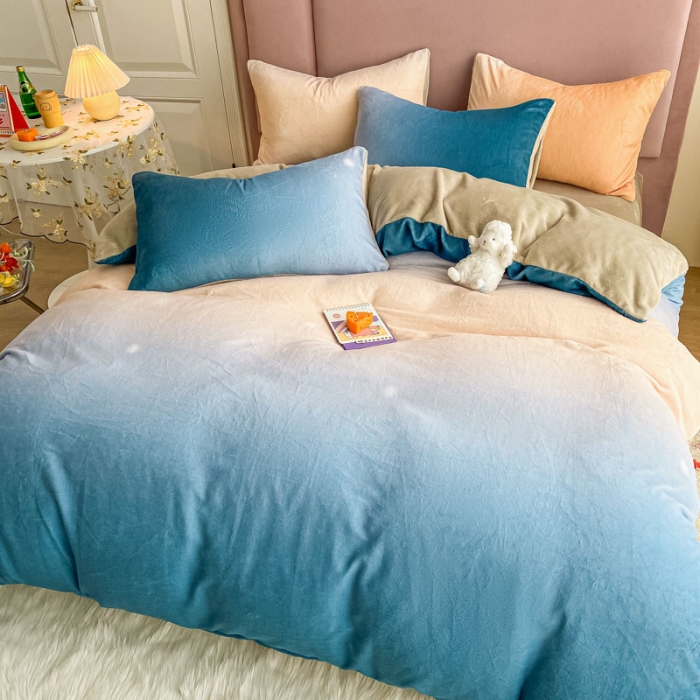 91家纺网 家纺一手货源 找家纺 眠帛 2020新款渐变色牛奶绒四件套幻彩系列 幻彩海蓝