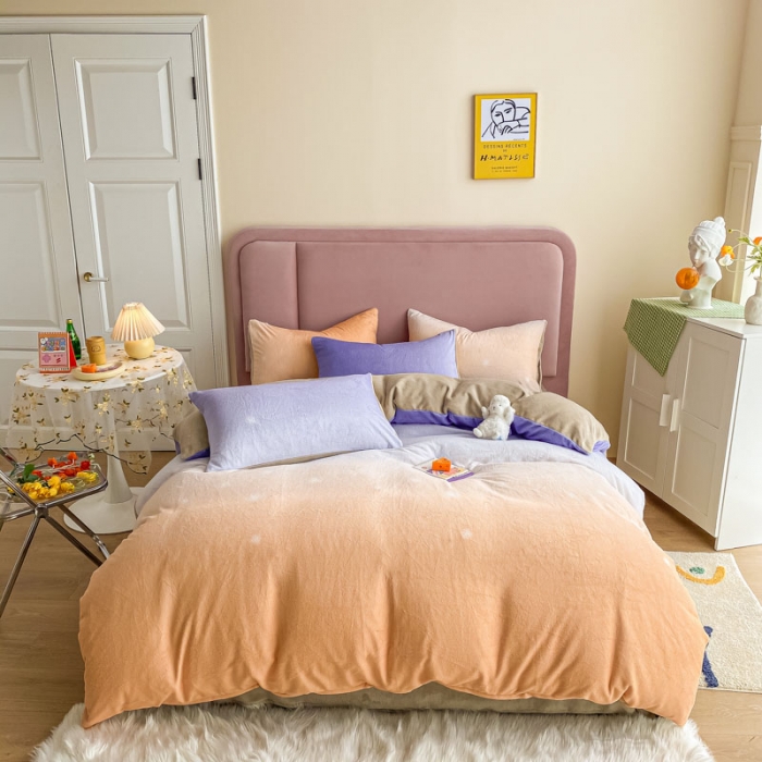 91家纺网 家纺一手货源 找家纺 眠帛 2020新款渐变色牛奶绒四件套幻彩系列 幻彩暖黄