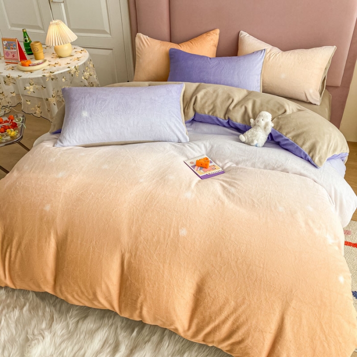 91家纺网 家纺一手货源 找家纺 眠帛 2020新款渐变色牛奶绒四件套幻彩系列 幻彩暖黄