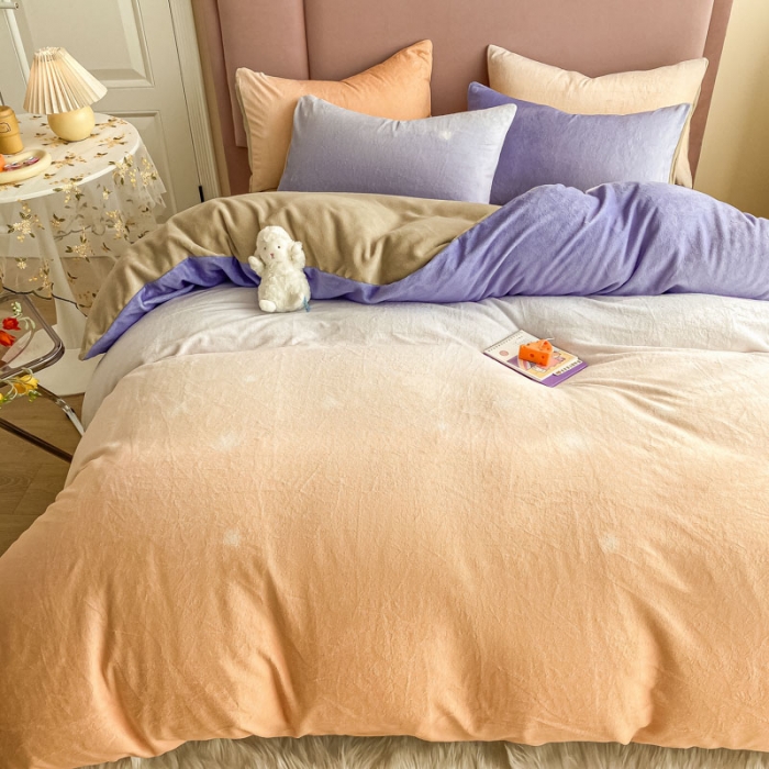 91家纺网 家纺一手货源 找家纺 眠帛 2020新款渐变色牛奶绒四件套幻彩系列 幻彩暖黄