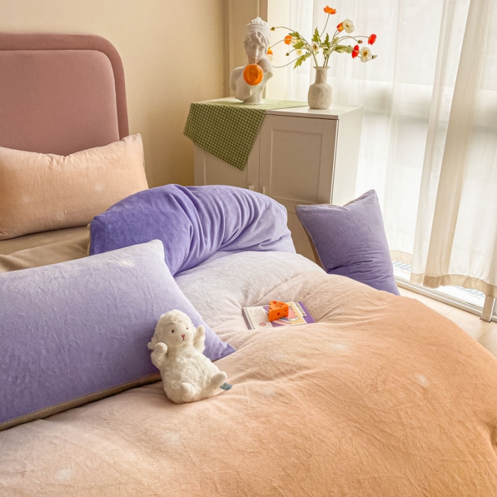 91家纺网 家纺一手货源 找家纺 眠帛 2020新款渐变色牛奶绒四件套幻彩系列 幻彩暖黄