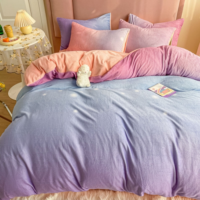 91家纺网 家纺一手货源 找家纺 眠帛 2020新款渐变色牛奶绒四件套幻彩系列 幻彩优雅紫