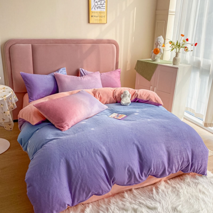 91家纺网 家纺一手货源 找家纺 眠帛 2020新款渐变色牛奶绒四件套幻彩系列 幻彩优雅紫