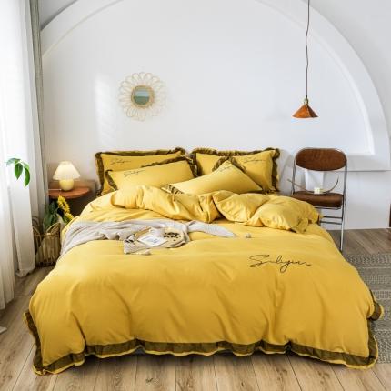 91家纺网 家纺一手货源 找家纺 金麦家纺 2020新款愫棉刺绣蕾丝花边四件套 姜黄