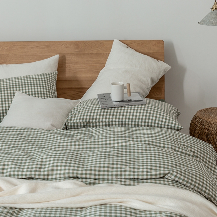 91家纺网 家纺一手货源 找家纺 棉邦 2020新款全棉色织水洗棉四件套日式简约系列 草绿小格