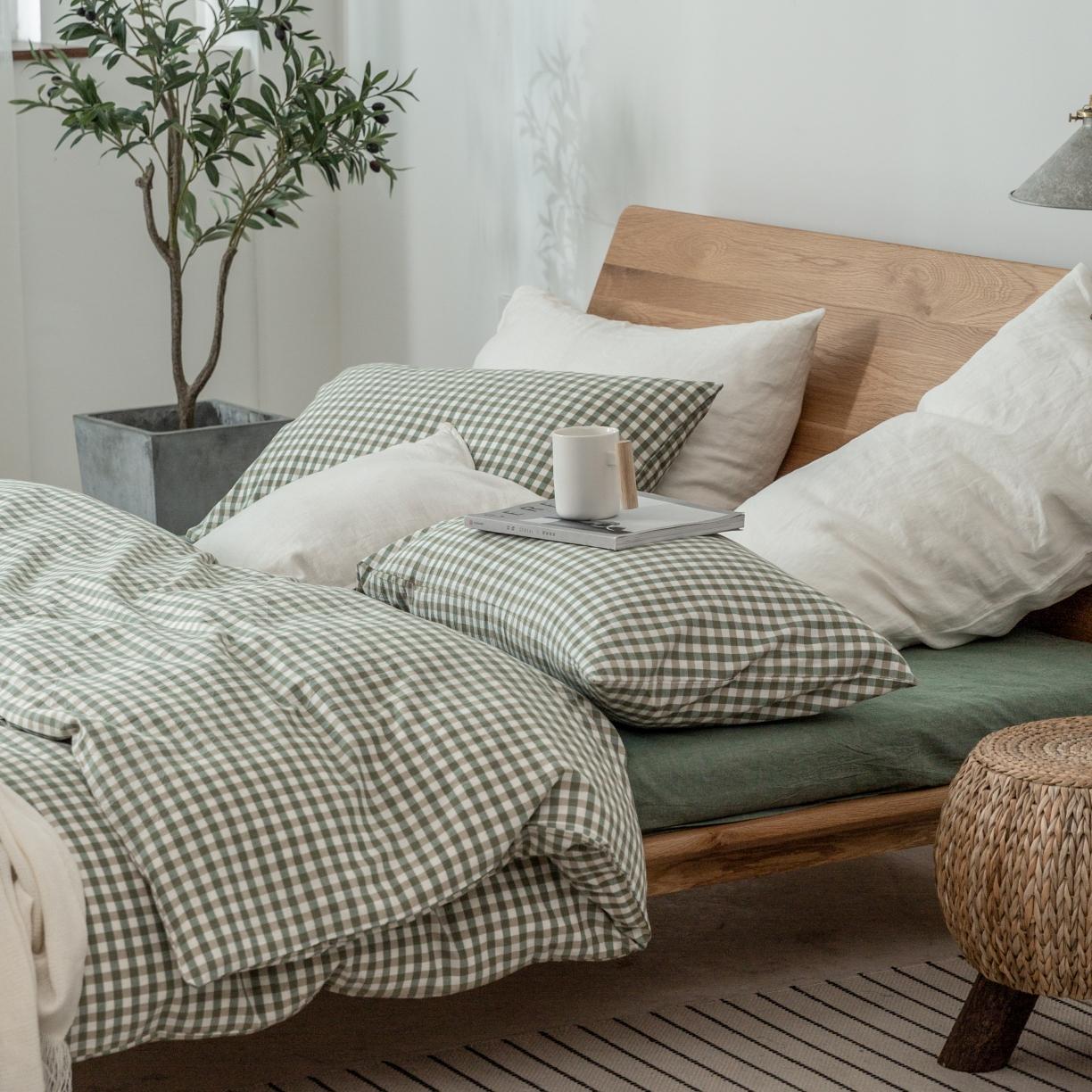 91家纺网 家纺一手货源 找家纺 棉邦 2020新款全棉色织水洗棉四件套日式简约系列 草绿小格