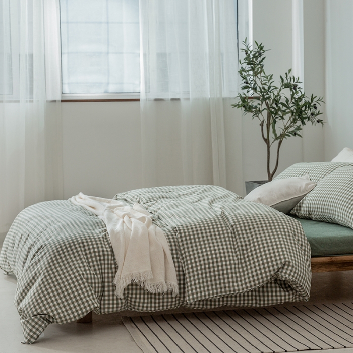 91家纺网 家纺一手货源 找家纺 棉邦 2020新款全棉色织水洗棉四件套日式简约系列 草绿小格