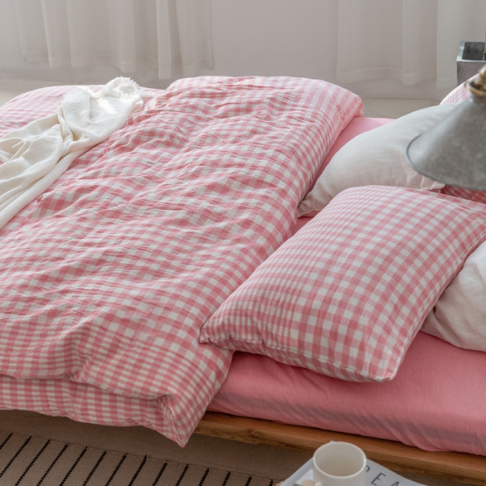 91家纺网 家纺一手货源 找家纺 棉邦 2020新款全棉色织水洗棉四件套日式简约系列 渐变粉