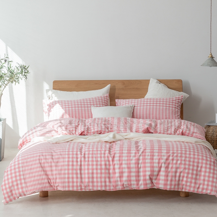 91家纺网 家纺一手货源 找家纺 棉邦 2020新款全棉色织水洗棉四件套日式简约系列 渐变粉