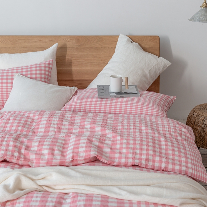 91家纺网 家纺一手货源 找家纺 棉邦 2020新款全棉色织水洗棉四件套日式简约系列 渐变粉