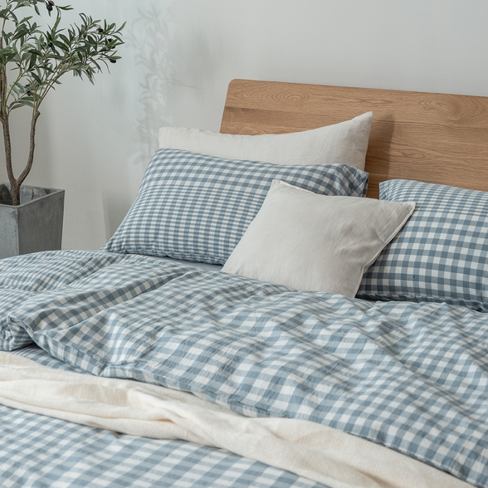 91家纺网 家纺一手货源 找家纺 棉邦 2020新款全棉色织水洗棉四件套日式简约系列 渐变蓝