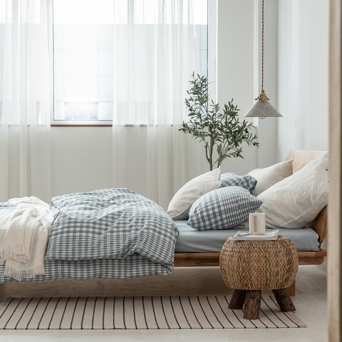 91家纺网 家纺一手货源 找家纺 棉邦 2020新款全棉色织水洗棉四件套日式简约系列 渐变蓝