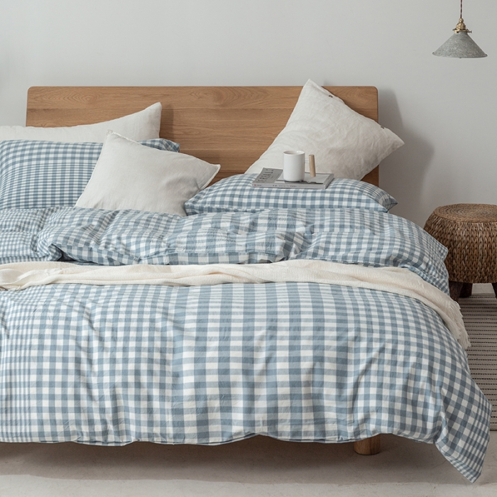 91家纺网 家纺一手货源 找家纺 棉邦 2020新款全棉色织水洗棉四件套日式简约系列 渐变蓝