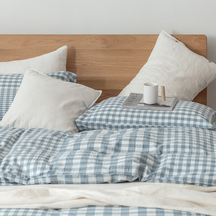 91家纺网 家纺一手货源 找家纺 棉邦 2020新款全棉色织水洗棉四件套日式简约系列 渐变蓝