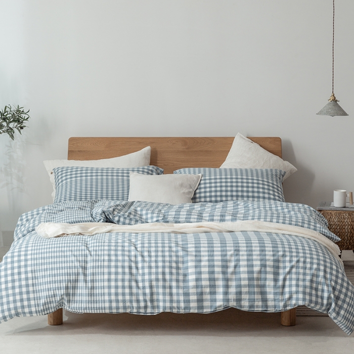 91家纺网 家纺一手货源 找家纺 棉邦 2020新款全棉色织水洗棉四件套日式简约系列 渐变蓝