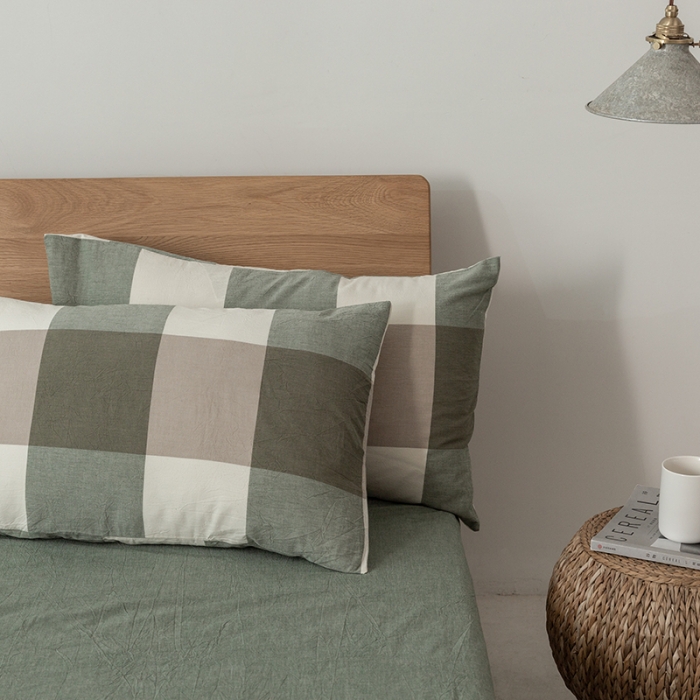 91家纺网 家纺一手货源 找家纺 棉邦 2020新款全棉色织水洗棉四件套日式简约系列 绿大格