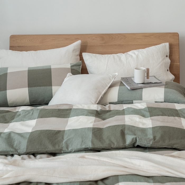 91家纺网 家纺一手货源 找家纺 棉邦 2020新款全棉色织水洗棉四件套日式简约系列 绿大格