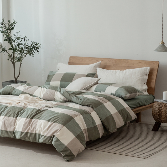 91家纺网 家纺一手货源 找家纺 棉邦 2020新款全棉色织水洗棉四件套日式简约系列 绿大格