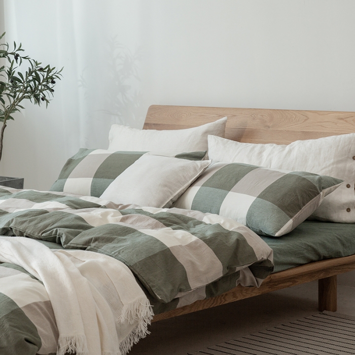 91家纺网 家纺一手货源 找家纺 棉邦 2020新款全棉色织水洗棉四件套日式简约系列 绿大格