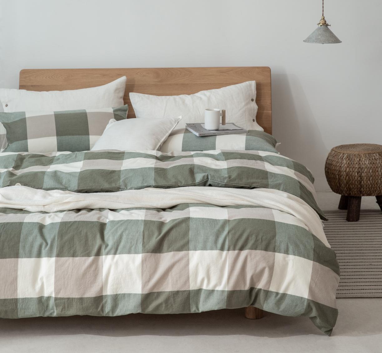 91家纺网 家纺一手货源 找家纺 棉邦 2020新款全棉色织水洗棉四件套日式简约系列 绿大格