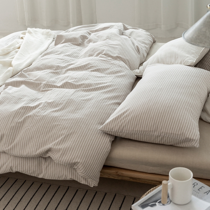 91家纺网 家纺一手货源 找家纺 棉邦 2020新款全棉色织水洗棉四件套日式简约系列 米细条