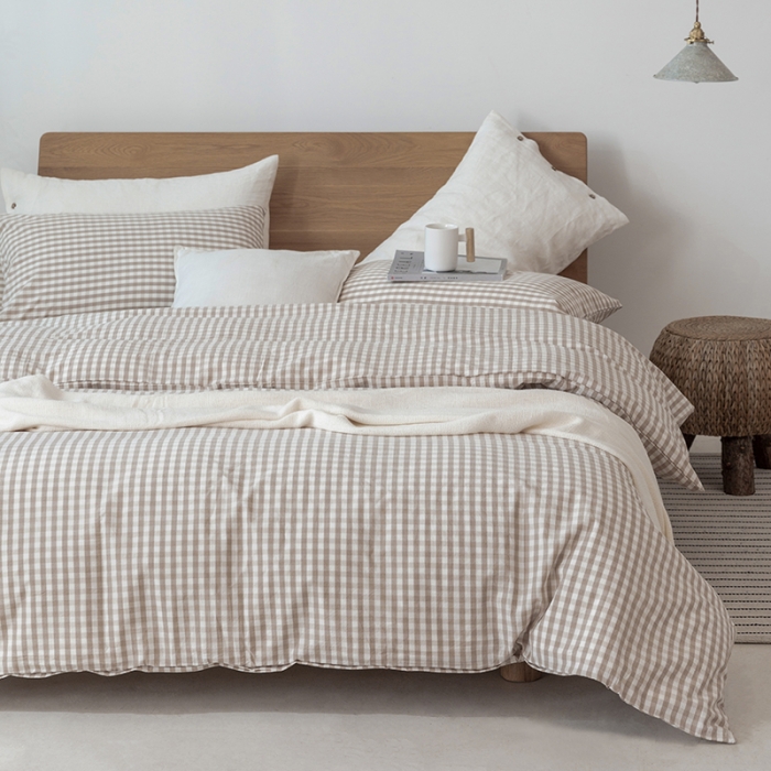 91家纺网 家纺一手货源 找家纺 棉邦 2020新款全棉色织水洗棉四件套日式简约系列 米小格